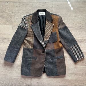 Vintage International Scene Womens 7/8 Patchwork Plaid Jacket Wool Blazer Coat